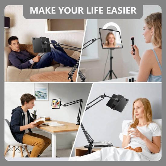 tablethouder voor bed, 360° draaibare telefoonhouder, verstelbare klemhouder, universele houder voor tablets en telefoons van 4-13 inch, hoofdbord bureauhouder — afbeelding 5