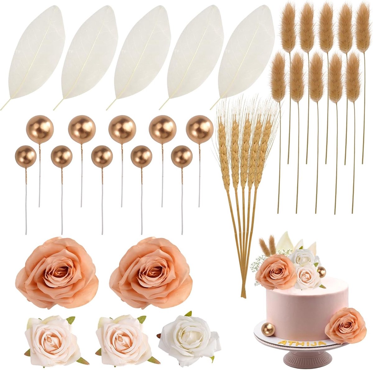 35 Taart Decoratie Goud Ballen, Boho Flores Rosas Taartdecoratie Balletjes | Kunstmatige Taarttopper, Taartprikkers voor Bruiloften, Taartdecoraties Verjaardag, Cake Decoratie Roze Bloemen Meisje Vrouw