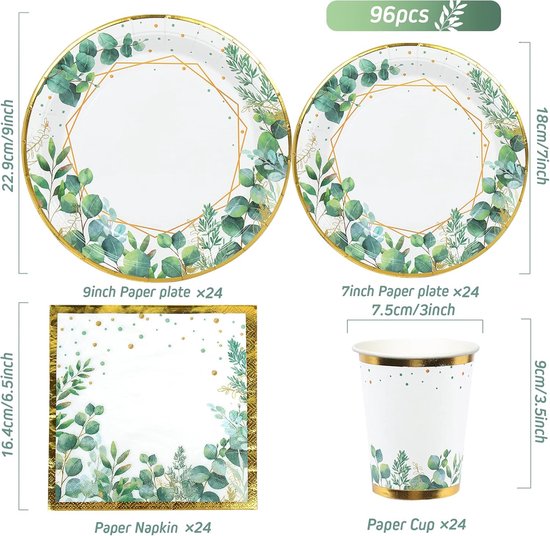 Salie Groene Papieren Borden Servetten Bekers Set, 96 Stuks Groen Goud Party Servies, Wegwerp Borden Baby Doucheborden Cups en Servetten voor Verjaardagsfeestbenodigdheden, Babyshower, Jungle Safari — afbeelding 2