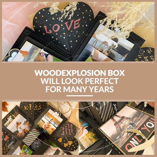 Houten kist explosiebox, verrassingsbox, doe-het-zelf verjaardagsgeschenkdoos, explosiebox, fotokist, het bijzondere cadeau-idee voor mannen en vrouwen van houten — afbeelding 5