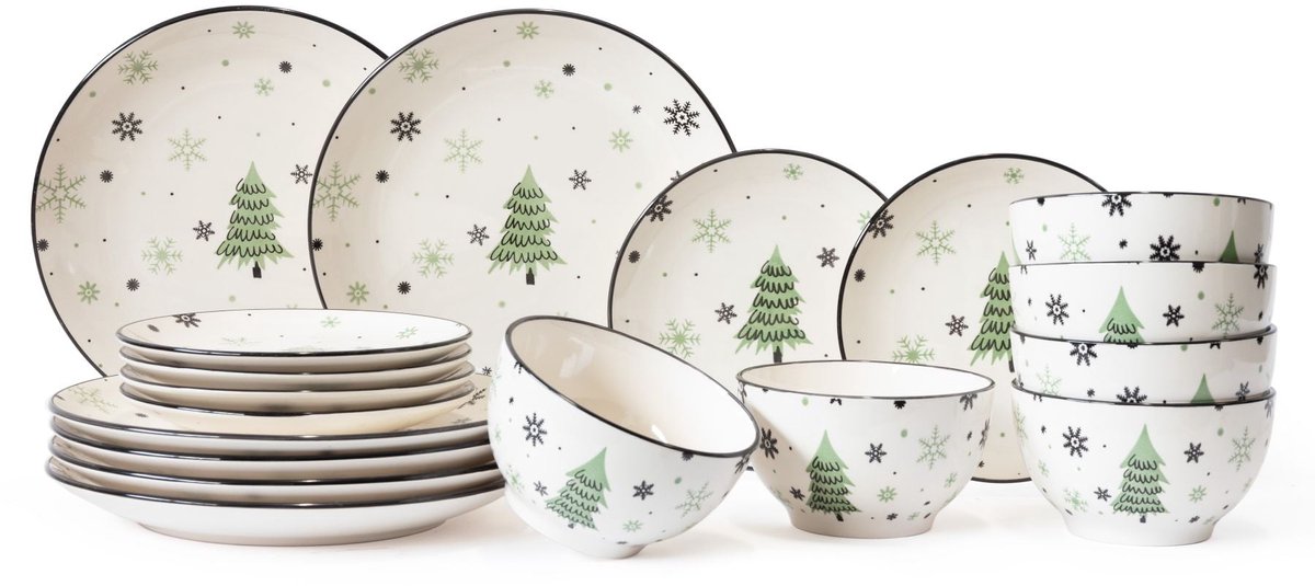 Cookinglife 18-Delig Serviesset Kerstservies - Wit Met Groene Kerstboomdetails - Dinnerware Set - Aardewerk Vaatwasserbestendig - 6 Personen