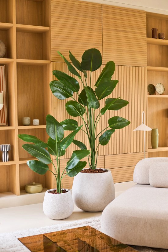 Twee kunstplanten van Strelitzia met grote, groene bladeren in grijze potten op een beige vloerkleed.