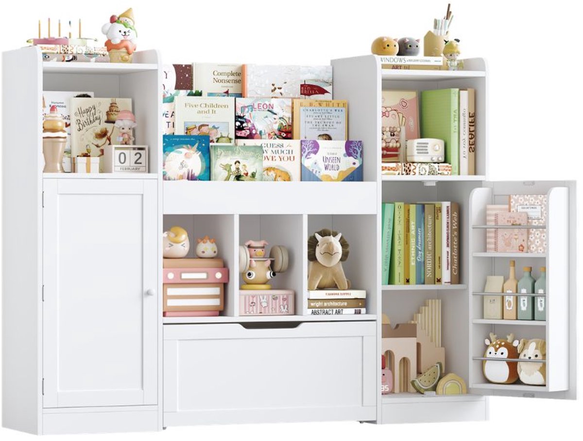 Speelgoed Opbergkast – Voor Kinderkamer & Speelkamer – Boekenkast met 3 Niveaus, Deuren & Lade met Wielen – Hout