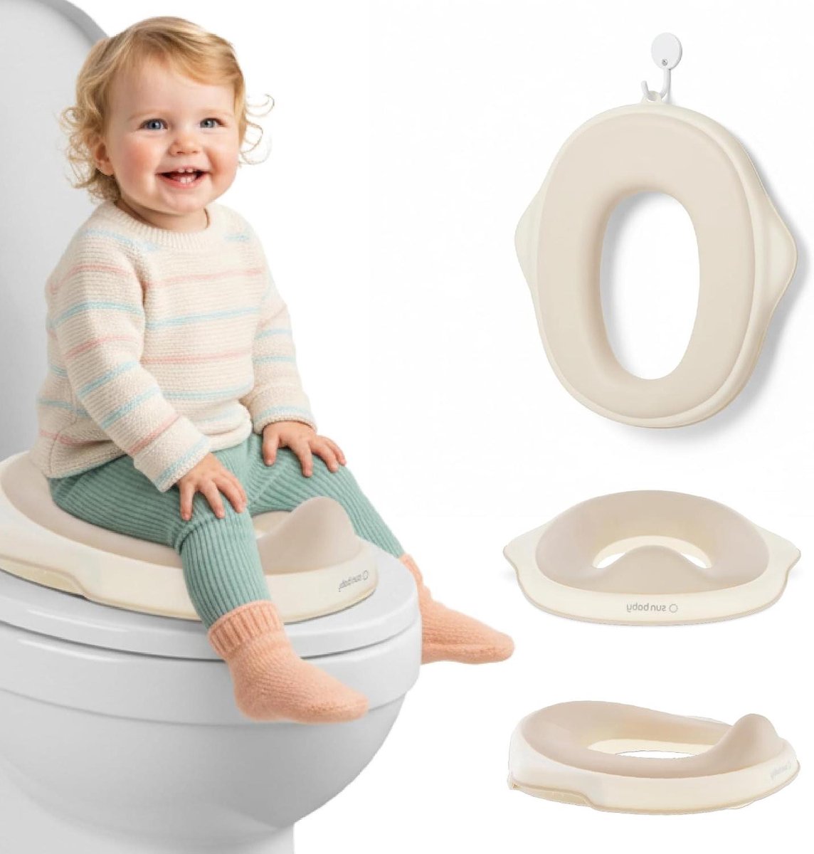 Toiletverkleiner Kinderen - Zindelijkheidstraining Hulp - Zelfstandig Zitten - Antislip en Comfortabel - 37x35 cm - Wit-beige