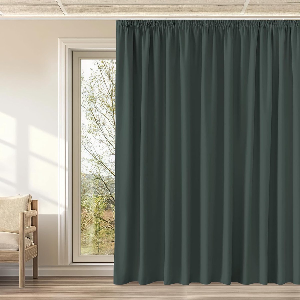 Groene ruimteverdeler, thermogordijn tegen kou, woonkamer, set van 1, 240 x 300 cm (h x b), verduisteringsgordijnen, plooiband, thermogordijn, koudebescherming, gordijnen, ondoorzichtig, voor