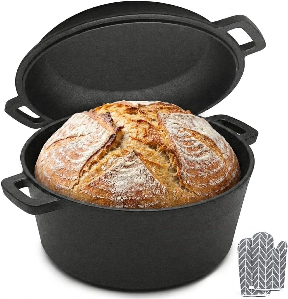 Gietijzeren broodbakpan met deksel, 4,7 l pan + 1,5 l deksel, ronde braadpan voor broodbakken, stoven en bakken, voor oven, gas-, elektrische en inductiekookplaat, zwart