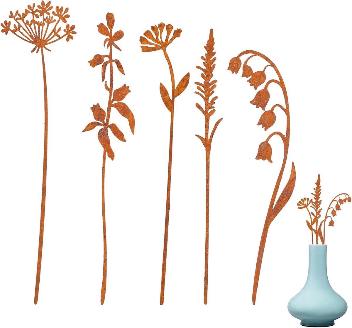 5 stuks tuinstekers, metalen tuindecoratie voor buiten, weerbestendig, metalen bloemen, roestdecoratie voor veranda, terras, tuin, binnenplaats, bloempot, buitendecoratie (bloemen)