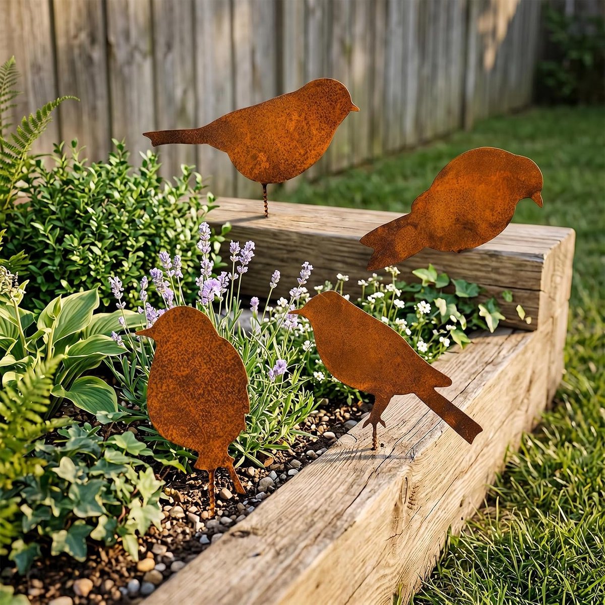 4 stuks roest vogels, tuindecoratie edelstaal vogels met schroef voor tuin houten hekfiguren