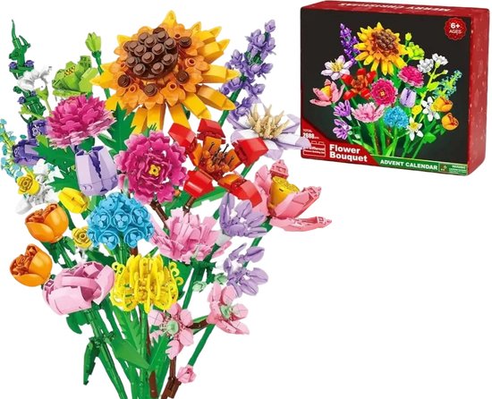 Boeket van bouwstenen met een zonnebloem, roze, rode en paarse bloemen en groene bladeren. De doos toont 'Flower Bouquet Advent Calendar'.
