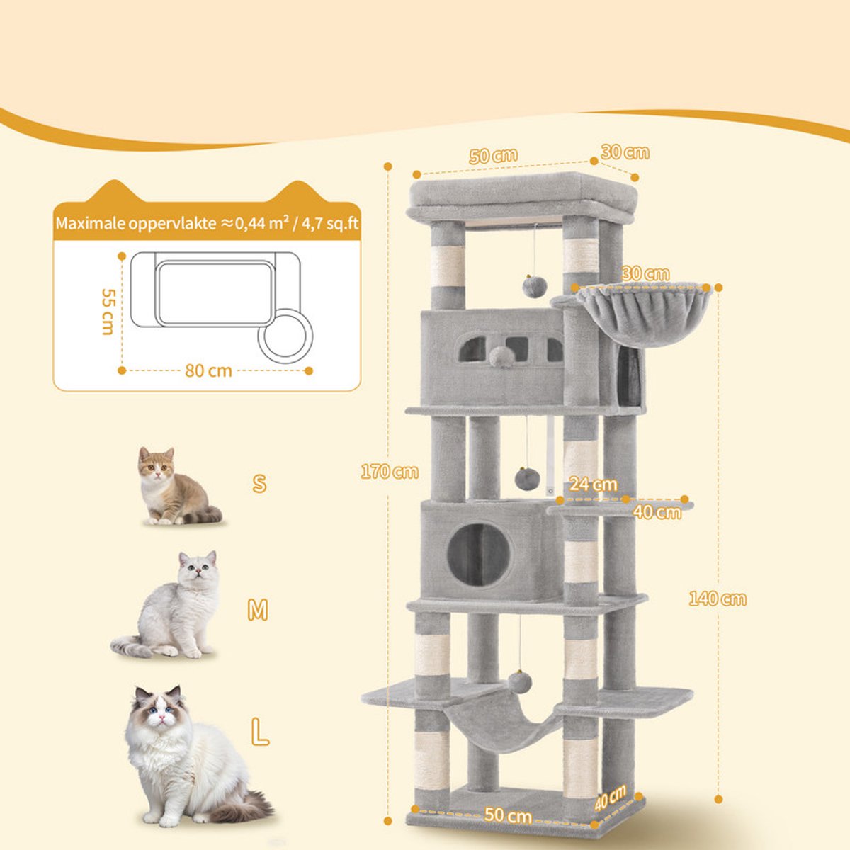 Hzuaneri Krabpaal groot, 170 cm, kattentoren voor maine-kat, grote kat, meerlaagse krabpaal met grote zitstang, wasbare mat, kattenhuismeubel met 2 holletjes, 8 krabbomen, Lichtgrijs thumbnail 4