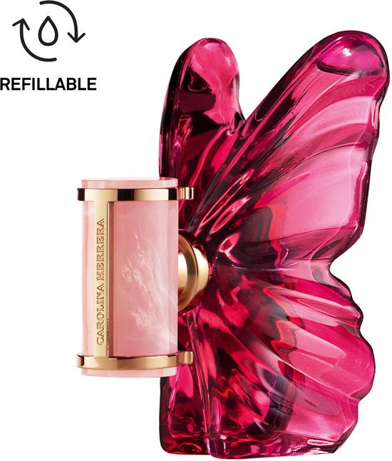 Roze vlinderparfumflesje met een bijpassend roze verstuiverflesje, met een 'refillable'-symbool.