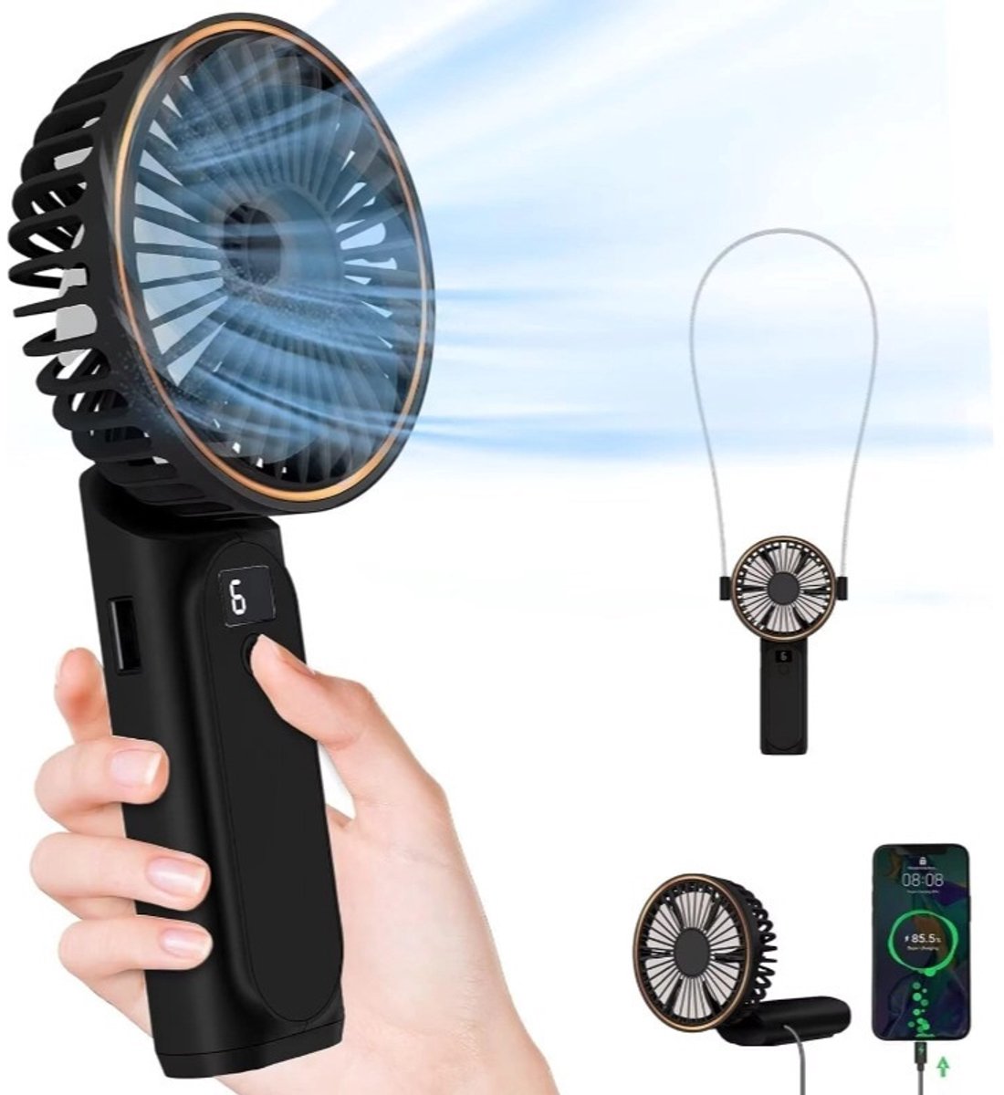 Handheld Fan, Draagbare ventilator met 4000 mAh, Handventilator met LED-display, 180° verstelbare oplaadbare ventilator, 6 snelheden, kantoor, slaapkamer, buiten