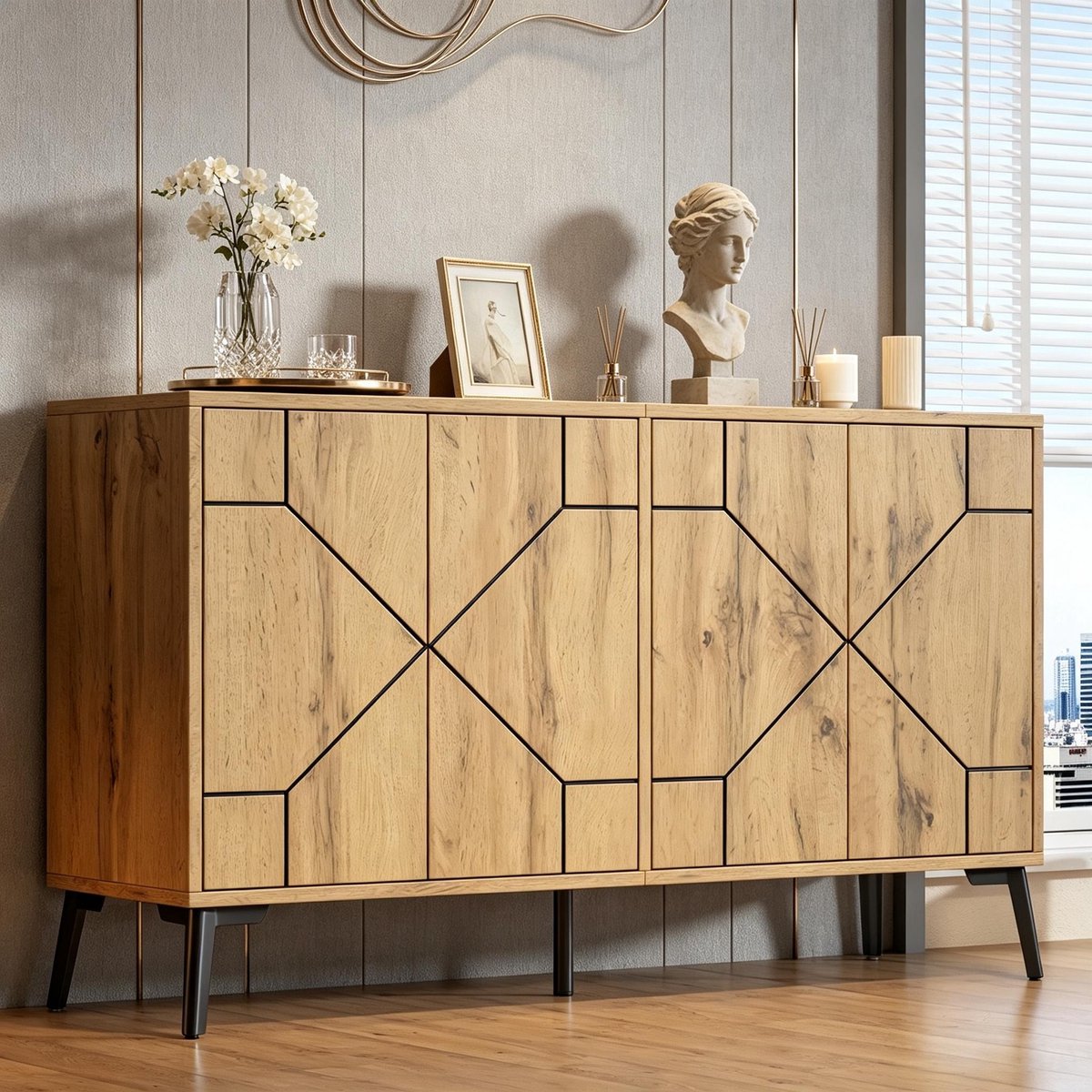 Sweiko Buffetkast - Dressoir - Halmeubel - Deuren met soft-close - MDF - Draagvermogen 50 kg - 120 × 35 × 69 cm - Naturel