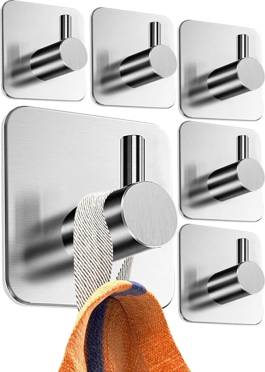 Handdoekrek zonder boren - 6-delige set roestvrijstalen handdoekhaken voor de badkamer, praktisch zelfklevend ontwerp - hoogwaardige zelfklevende haken, muurhaken, klassiek design.