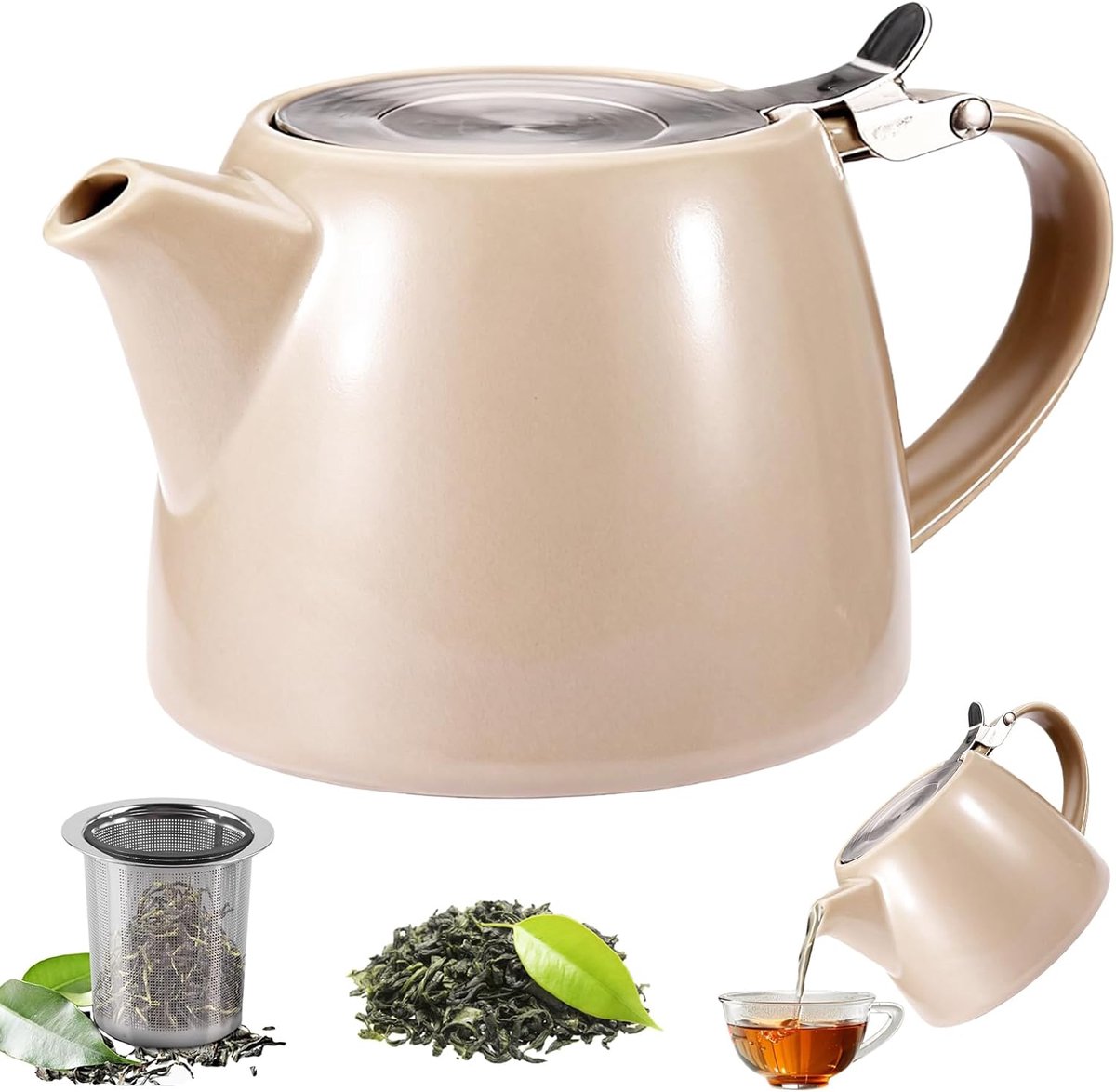 Theepot met zeef, 500ML theepot keramiek zwart, porseleinen theepot, thee accessoires - theezetapparaat voor losse thee geïsoleerd en druppelvrij, langdurige warmte teingut (Kameel)