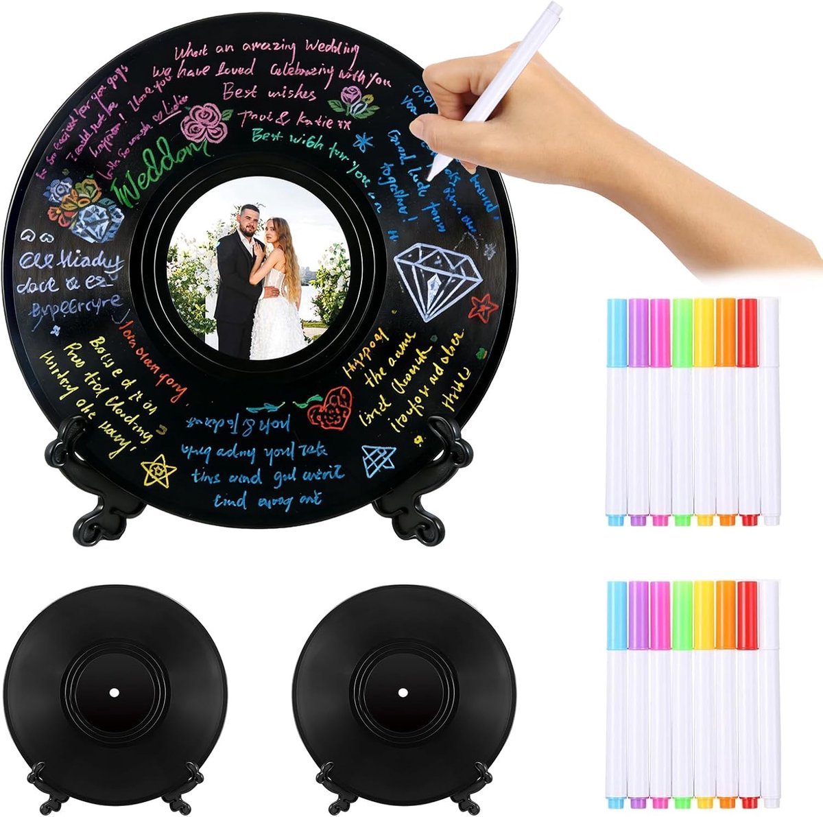 2 stuks Gastenboek Vinyl Plaat Alternatief voor Bruiloftsgastenboek Gepersonaliseerd Foto Gastenboek Alternatief met Pen en Houder voor Huwelijksdag, Verjaardag, Feest, Babyparty