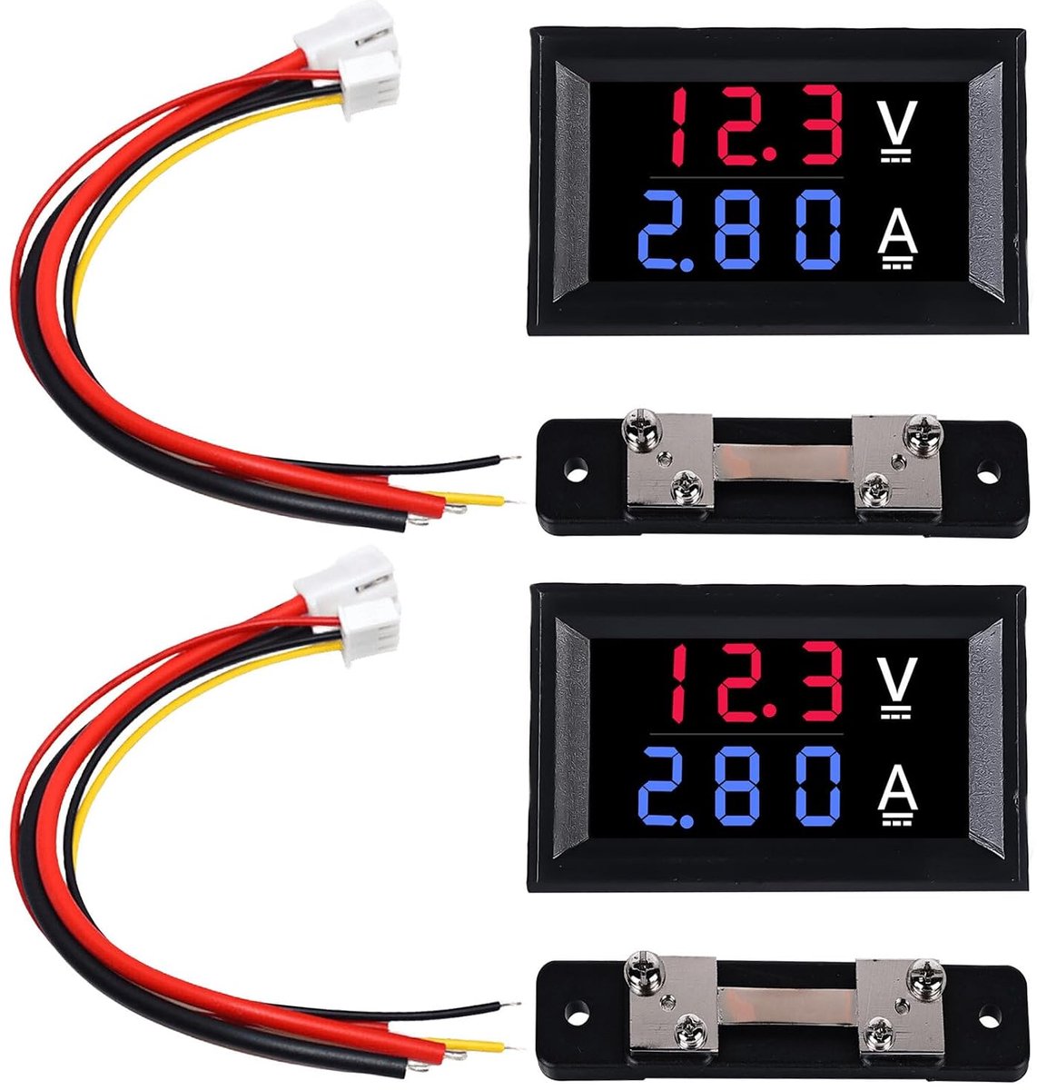2 stuks 0,28" LED digitaal voltmeter ampèremeter, DC 0-100V 50A volt ampèremeter met shunt, LED dubbele kleurenweergave rood & blauw detector, spanning ampère multimeter stroommeter paneeltester