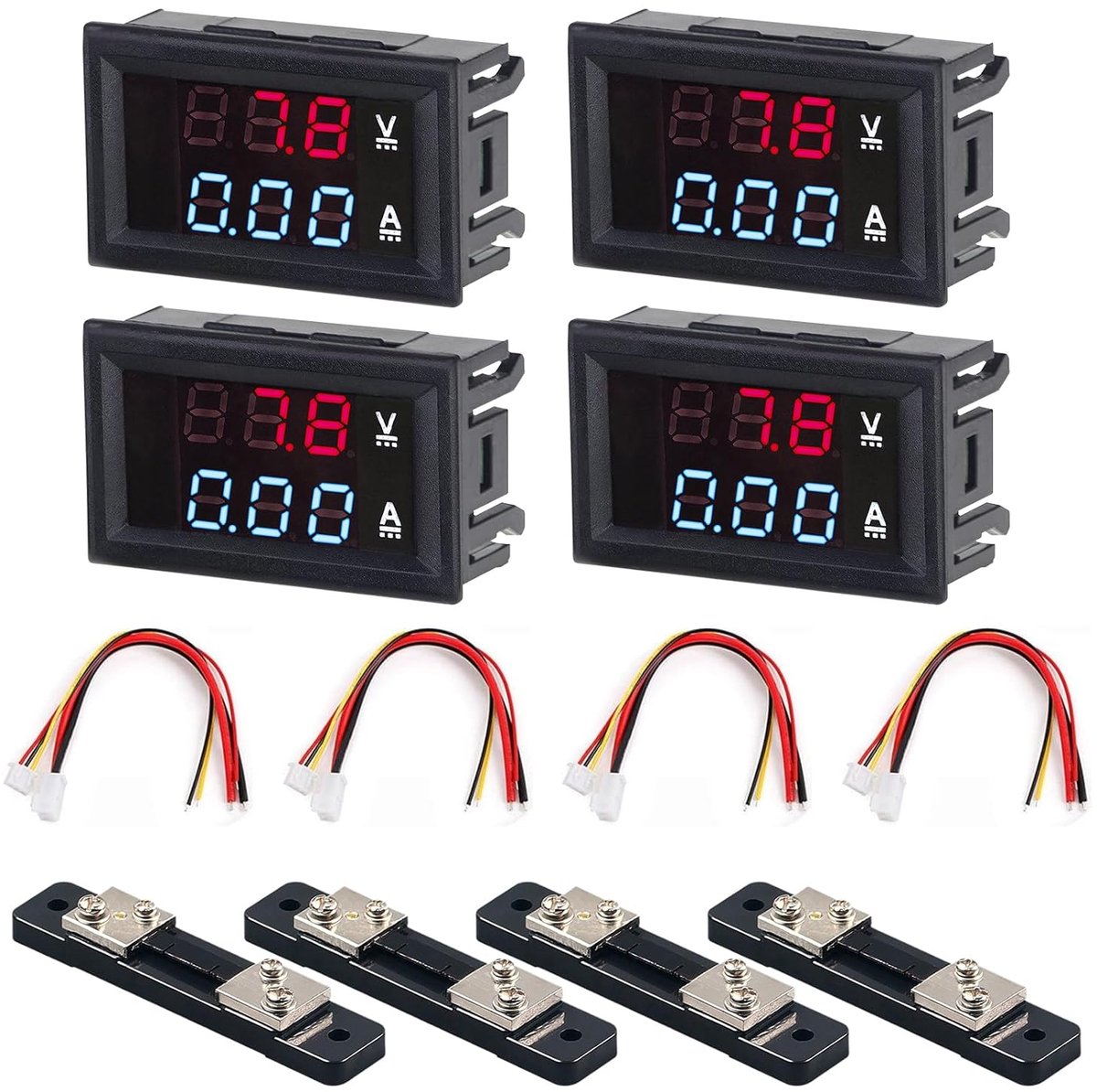 4 stuks LED digitaal voltmeter ampèremeter, DC 0-100V 50A volt ampère meter met shunt, rode en blauwe detector spanning ampère stroommeter tester paneel, multimeter spanningsindicator stroommeter
