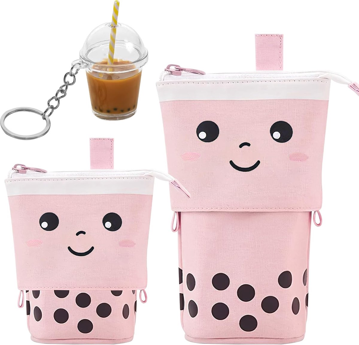 Bubble Tea Pennenetui met schattige hanger, telescopisch etui, multifunctioneel, cadeau voor meisjes van 8, 9, 10, 11, 12, 13 jaar, roze, roze, cartoon