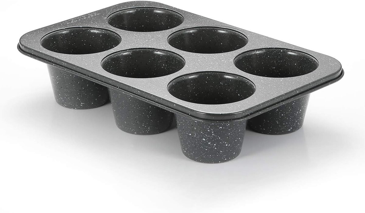 SnelShoppen - Jumbo diepe muffinvorm 6 kopjes van koolstofstaal met anti-aanbaklaag - grijs granieten steenoppervlak - grote bakvormen voor muffins 9
