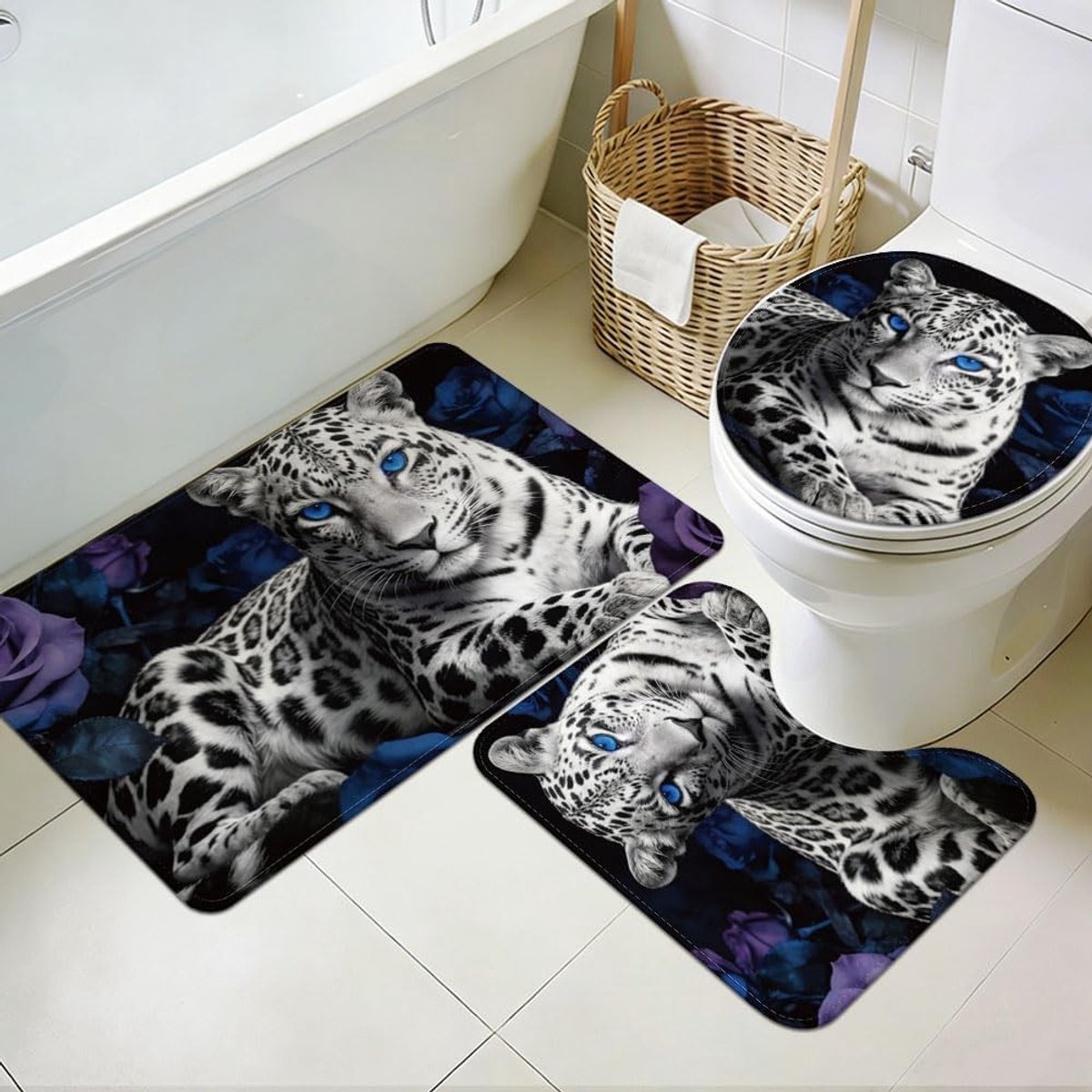 Set van 3 wasbare badkamertapijten met luipaardroos en groene ogen, antislip en zacht voor badkamer, toilet en keuken decoratie