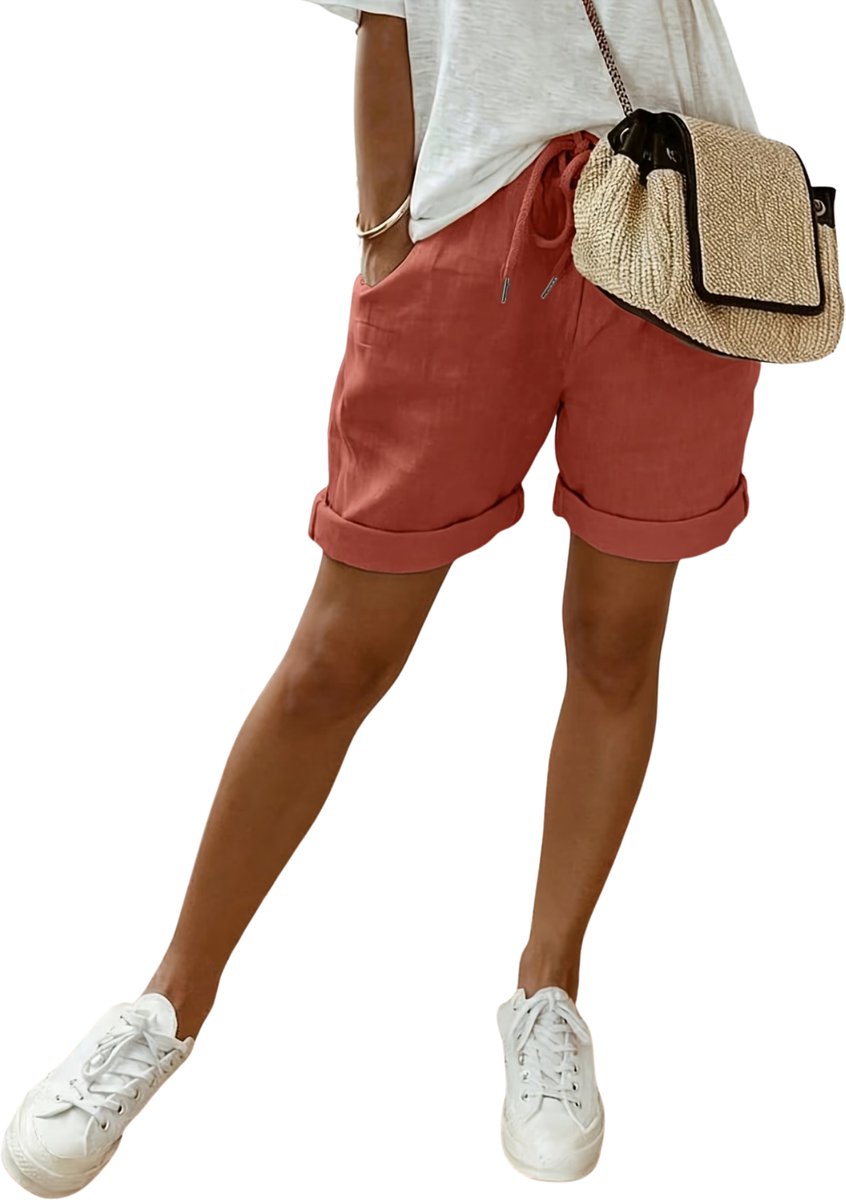 Currero Korte Broek Dames Spijkerbroek Met Zakken Strandbroek Bermuda Volwassenen Meisjes Shorts Baksteenrood