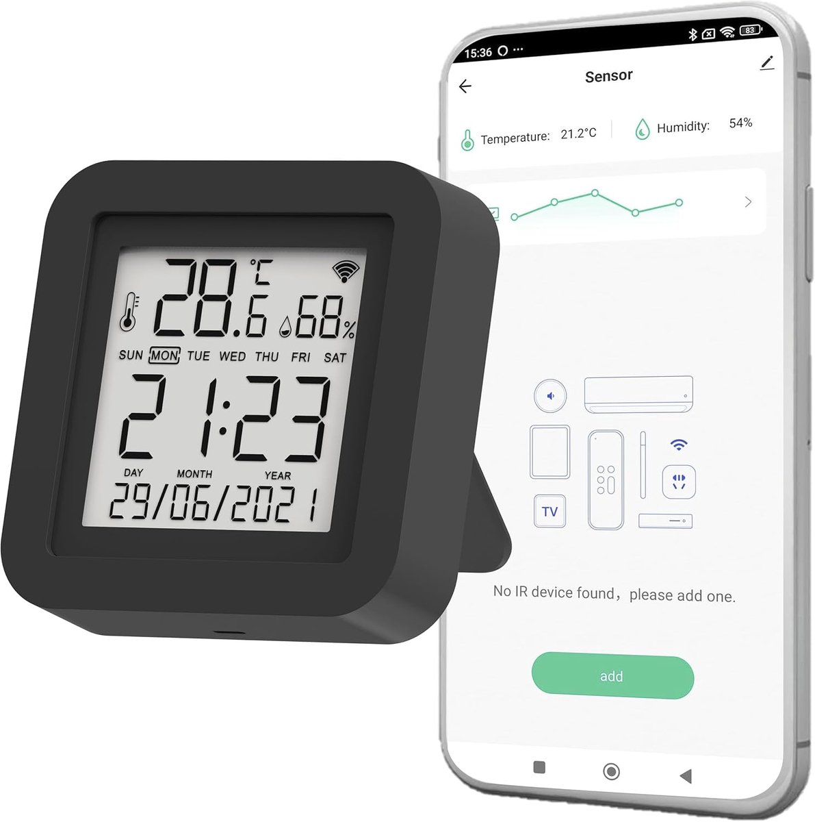 Intelligente infraroodcontroller – WiFi 2,4 GHz – bediening van IR-apparaten – bereik tot 10 m met 360 graden afdekking – compatibel met Amazon Alexa en Google Home (1 TemphumiR)