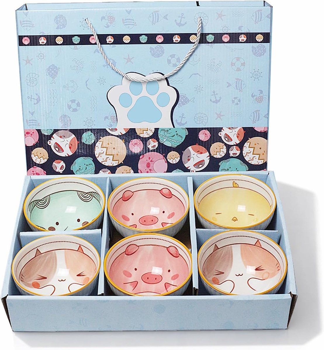 6 mueslikommen van porselein, 300 ml, schattige cartoon-dessertkommen voor kinderen, mueslikommen voor volwassenen, voor ceremonie, soep, dessert, fruit, ramen