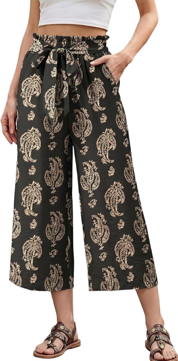 Culotte Culotte voor dames, met elastische tailleband en ceintuur, 7/8-broek, met wijde pijpen en zakken, luchtige zomerbroek in 7/8-lengte, strandbroek