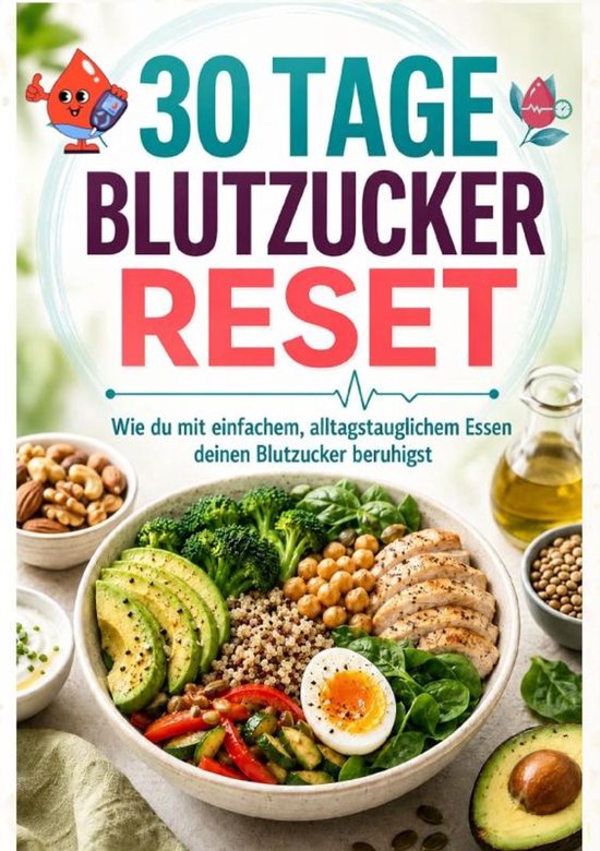 Boekomslag voor "30 dagen bloedsuiker reset", met een afbeelding van een gezonde maaltijd, noten en olie.