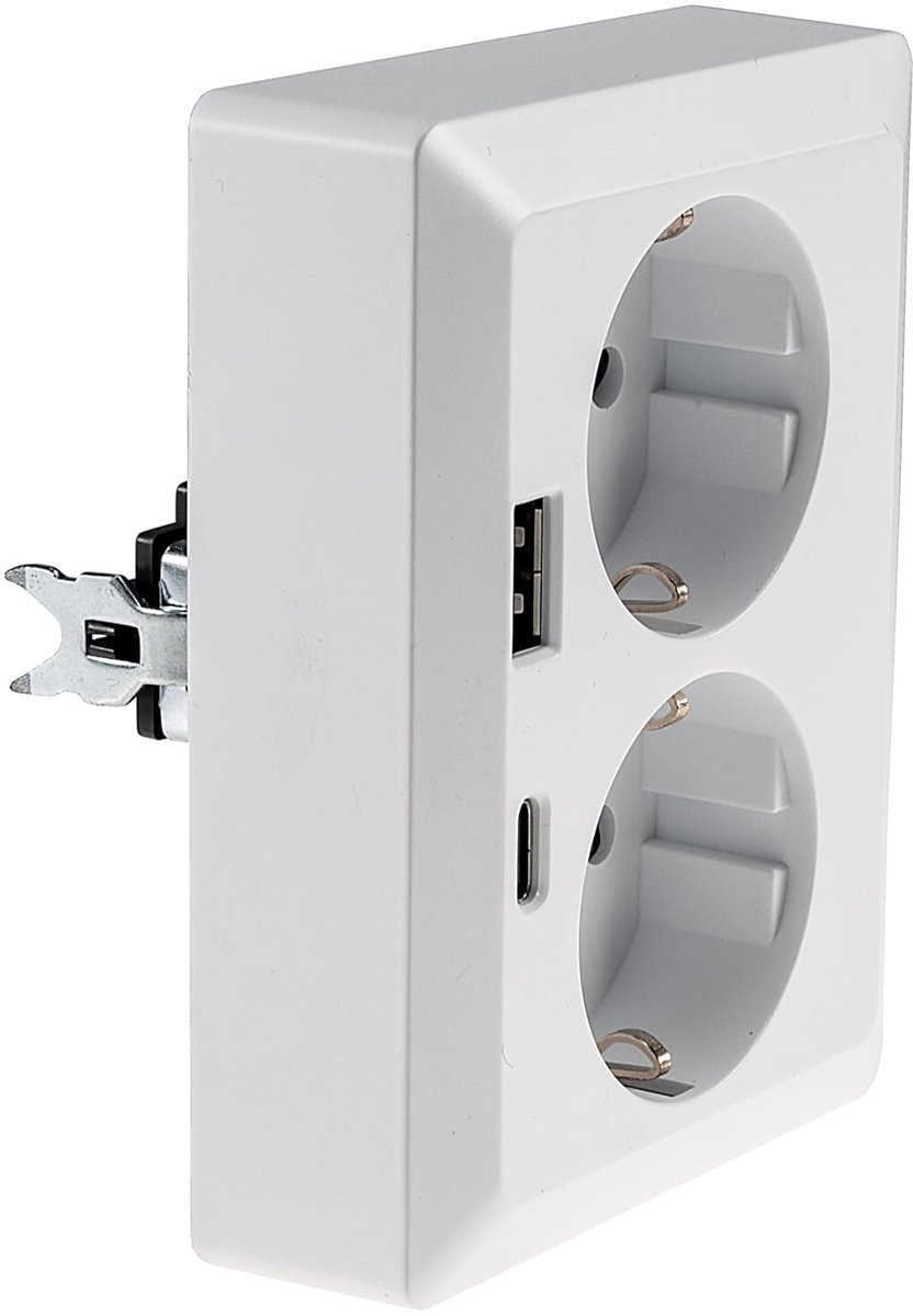 randaardecontactdoos 2-voudig dubbel stopcontact 1 op 2 inbouwinstallatie in inbouwdoos 250V~/16A met USB-A USB-C PD wit