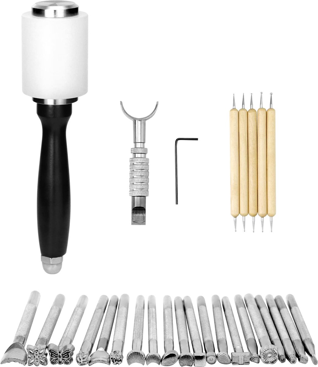 SnelShoppen - 27-delige lederen hobbygereedschapset, lederen stempelset, tekenstempels, nylon hamer, vleesmes, leerambachten maken