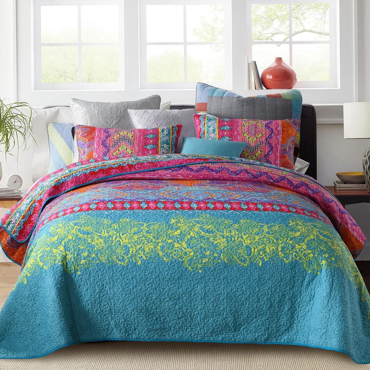 SnelShoppen - Boho sprei 220 x 240 cm, omkeerbare bedsprei met 2 kussenslopen 50 x 75 cm, kleurrijke deken voor tweepersoonsbed en bank, Indiaas desig