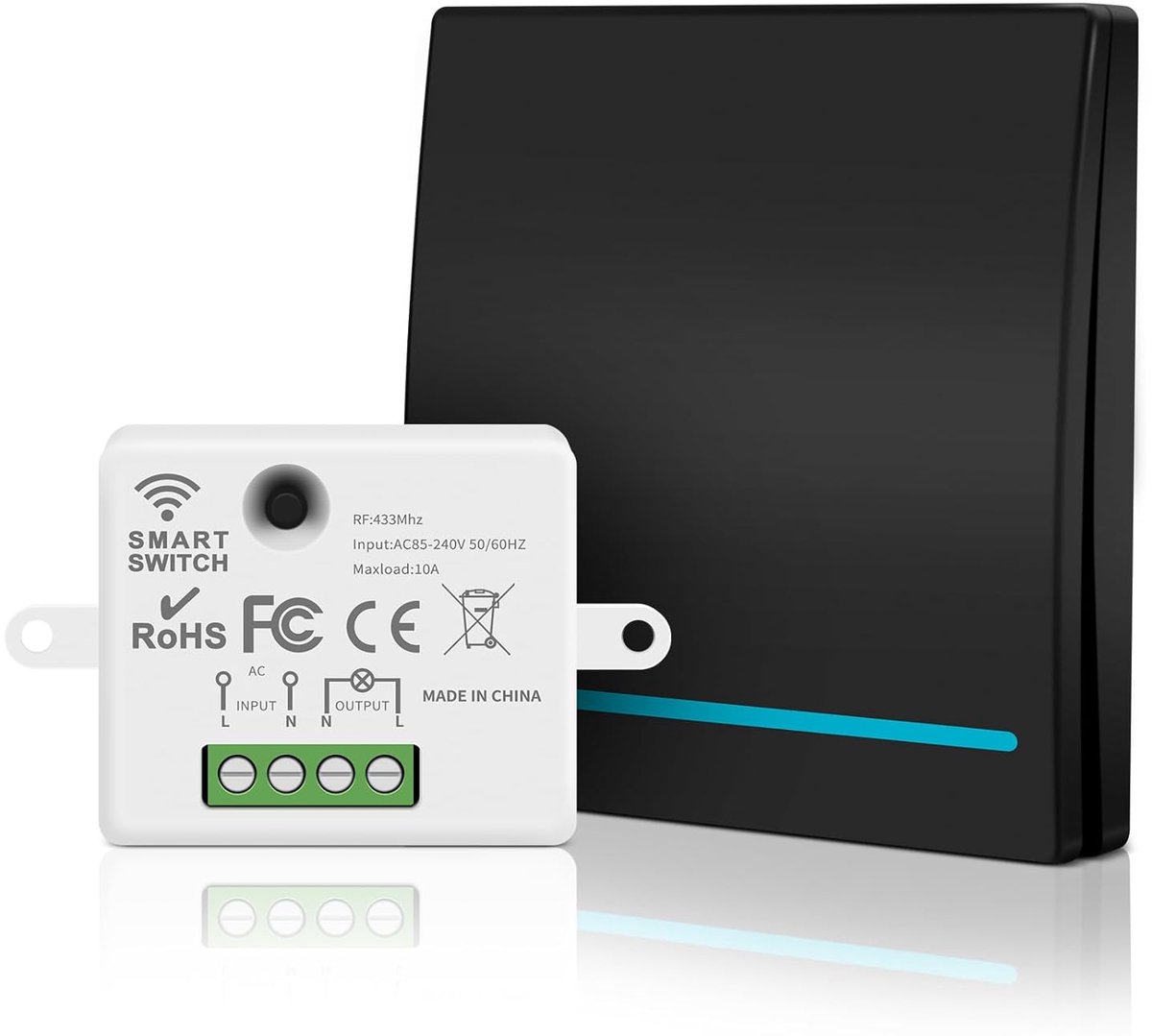 SnelShoppen - Draadloze Lichtschakelaar RF 433 MHz met Ontvangercontroller - Draadloos en Veilig - 240 V - Wit/Zwart/Goud (Zwart) voor Thuis, Tuin en
