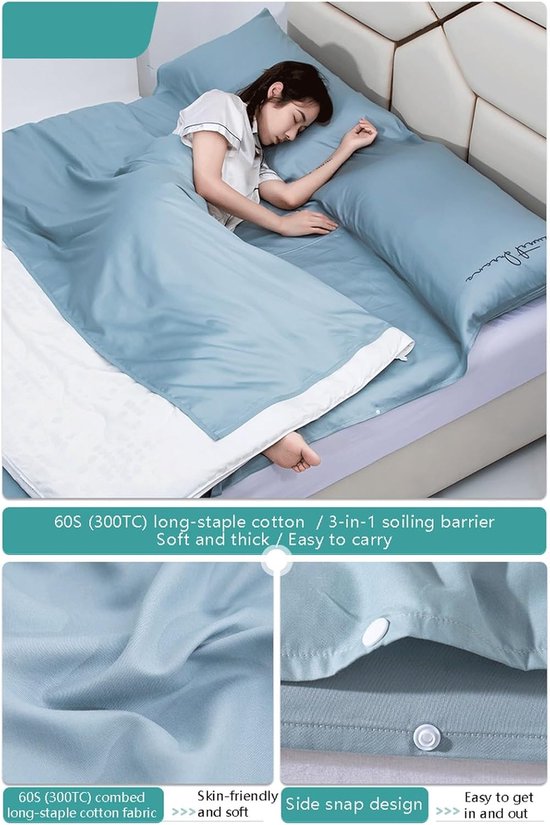 Slaapzakvoering Katoen - Reislaken Slaapzak - Comfortabel Reizen - 300 Thread Count - 80x210cm - Blauw — afbeelding 5