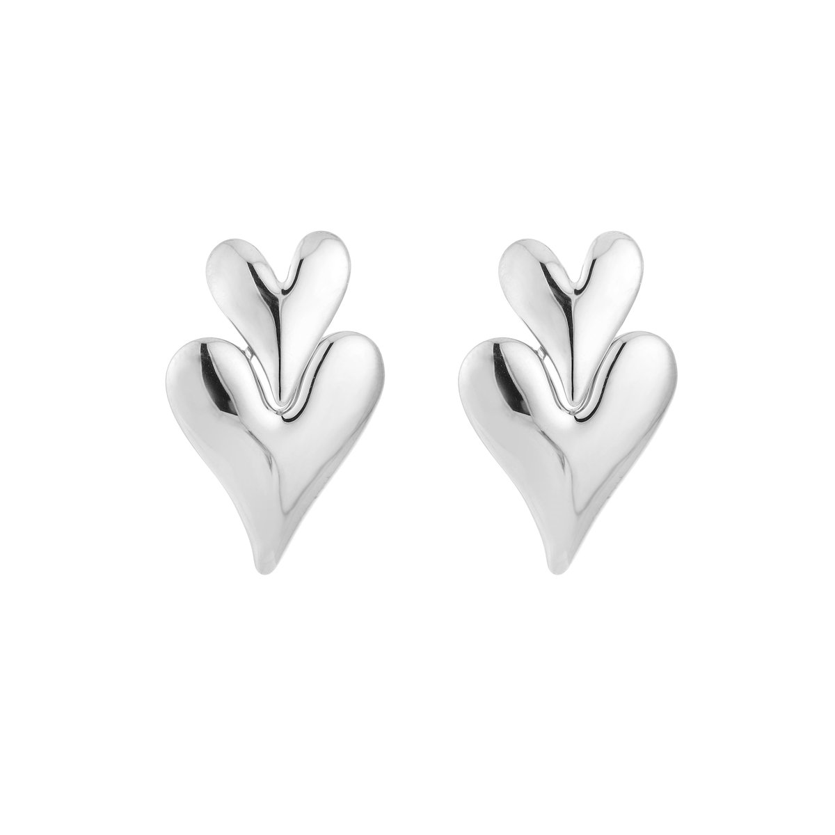 Stainless Steel Double Tiered Sculptural Heart Stud Earrings – Luxe Dubbele Sculpturale Hart Oorstekers – RVS - Zilver