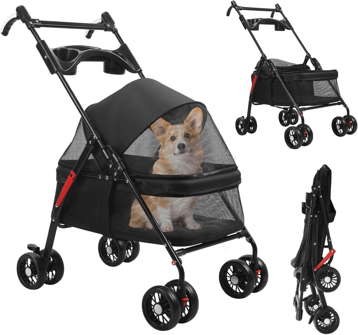Huisdierwagen - Dierenbuggy - Comfortabel Reizen - Opvouwbaar Ontwerp - 10 kg Capaciteit - Zwart