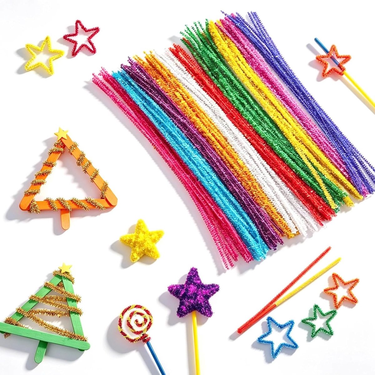 100 stuks, glitter, 30 cm, kleurrijk, om te knutselen, pijpenragers, pluche zachte chenilledraad, om te knutselen, kan worden gecombineerd tot een groot aantal vormen
