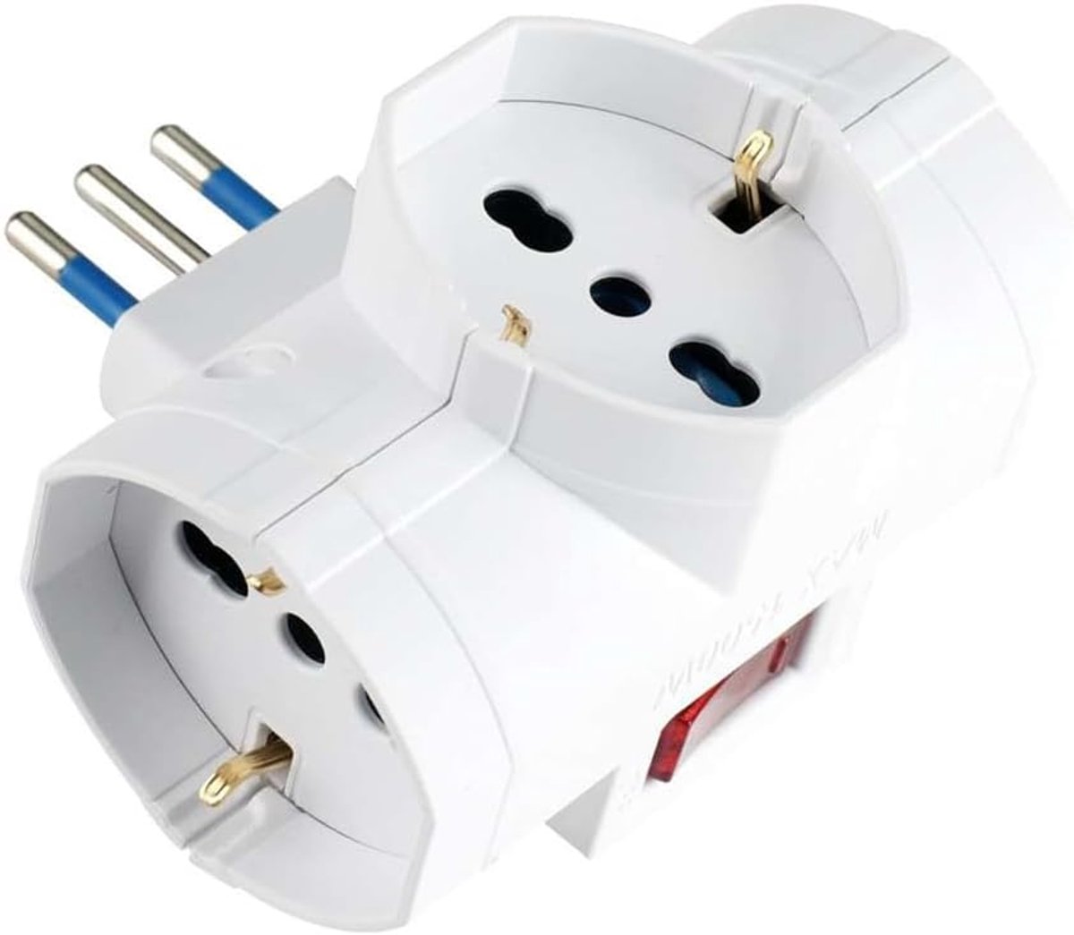 stopcontactadapter 10 A/16 A, max. 1500 W, met rode schakelaar en Italiaanse stekker type L, 3 universele stopcontacten compatibel met Schuko | veilig meervoudig stopcontact voor thuis en