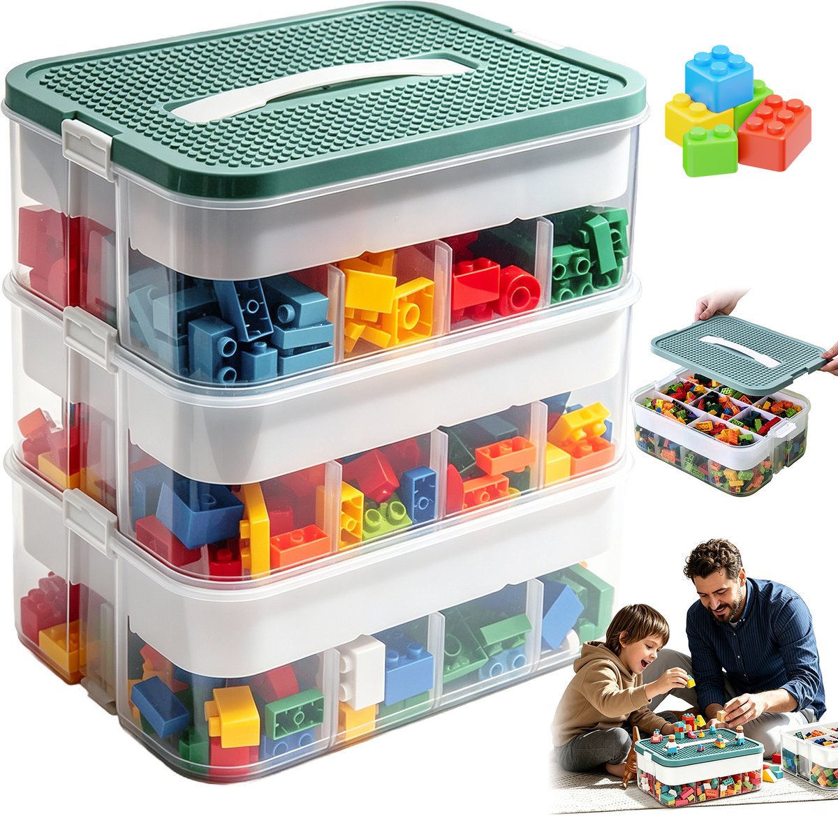 Speelgoedbox - Opbergdoos met Bouwplaat - Stapelbare - 3 Lagen - 12 Liter - Verstelbare Schotten - Handgreep - PP - Sorteerdozen - Voor Speelgoed en Blokken