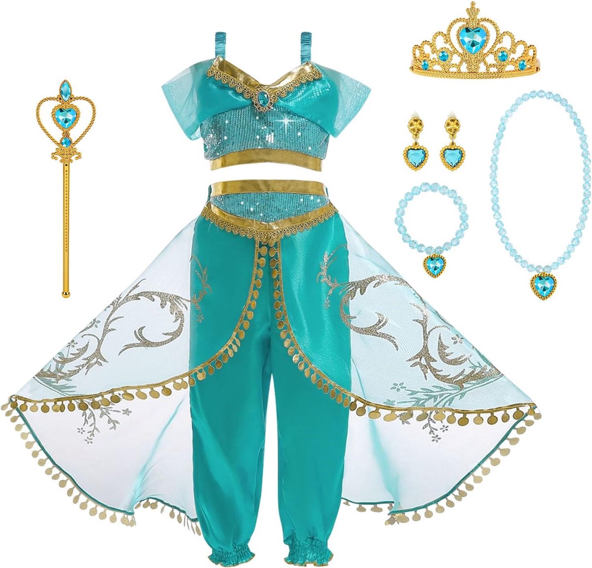 Jasmijnkostuum voor meisjes, met scepter en kroon, 8 stuks, jasmijnjurk voor Halloween, cosplay, verjaardag, carnaval en feestjes