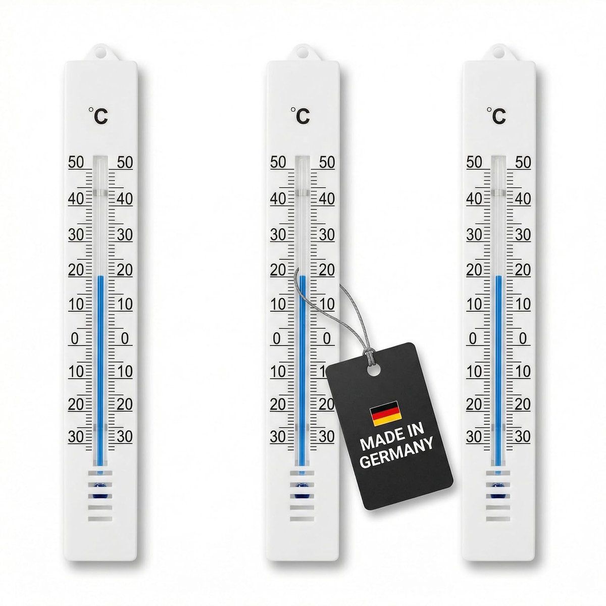 Set van 3 tuinthermometers, weerbestendig, van kunststof, 18 cm, kleur wit, nauwkeurige temperatuurweergave analoog -30 tot 50 °C, thermometer ook voor huis, binnen, tuin en buiten (wit-zwart