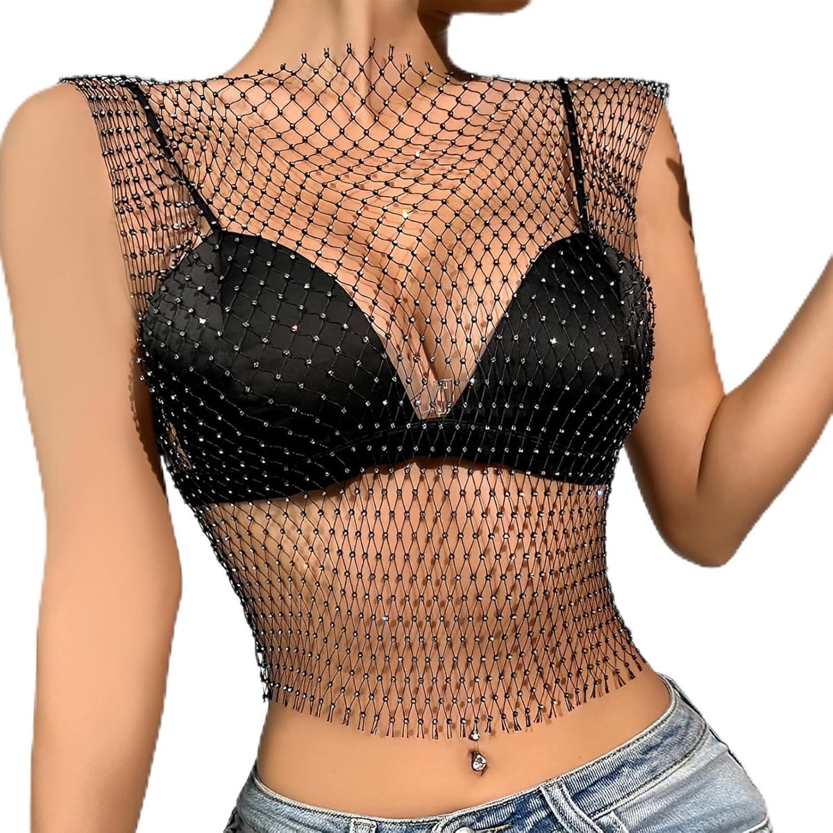 bovendeel voor dames, sexy met strass, glitter, mesh, top, zwart, ronde hals, visnet, bovendeel voor rave, festival, outfit, clubwear, carnaval, party, doorzichtig mesh-shirt, XS