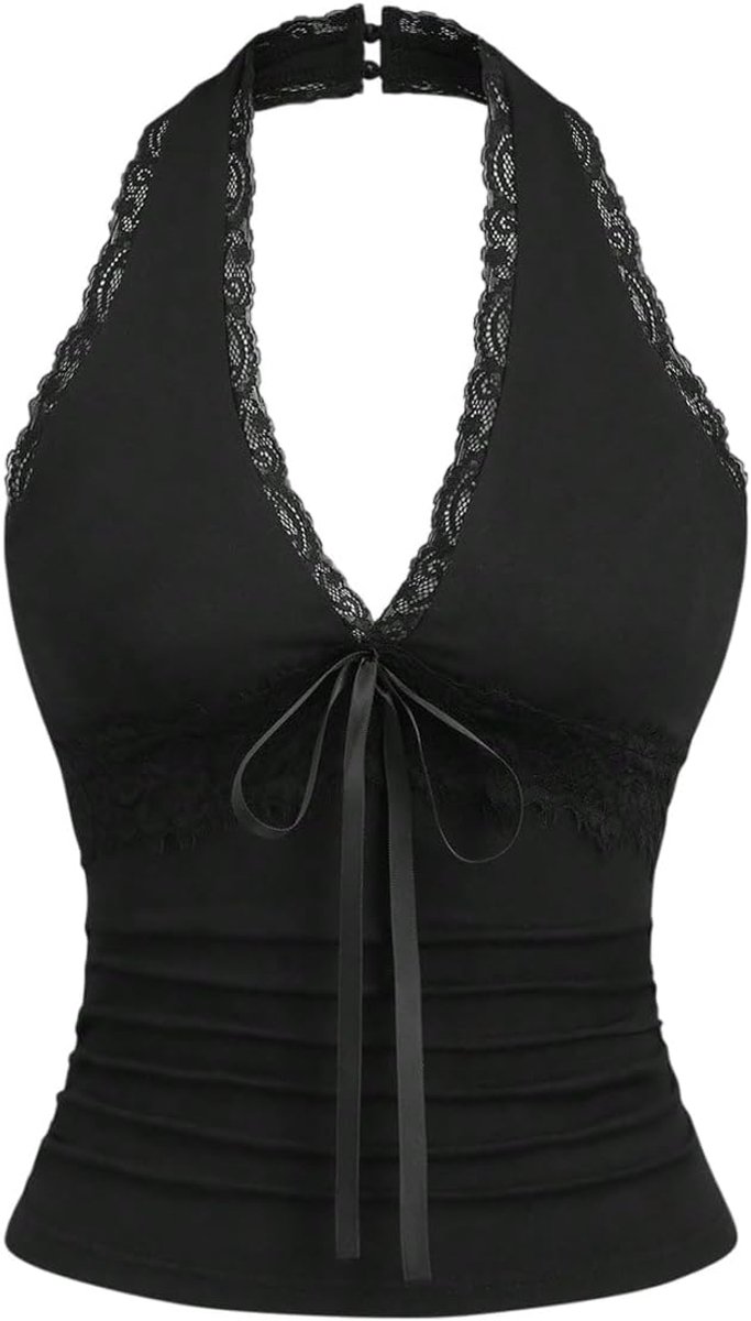 Dames haltertop met kant, haltertop, Y2K tops, geplooid, mouwloos, crop top, rugvrij, bovenstuk, elegante zomertop