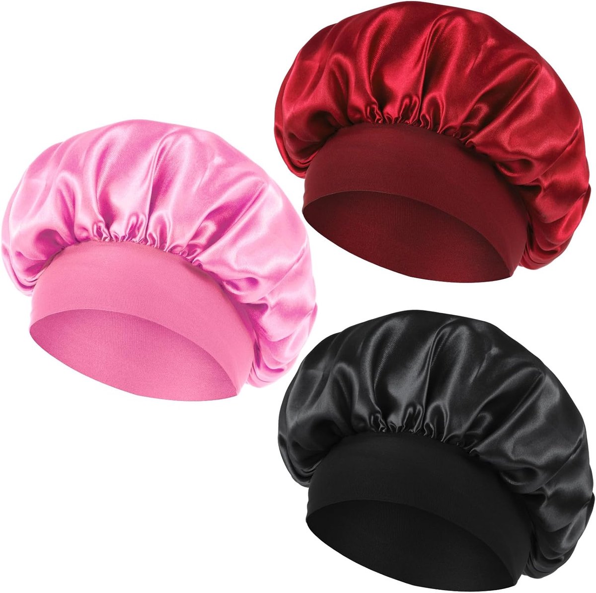 muts, 3 stuks, zijden haarbonnet voor het slapen, slaapmuts, slaapmuts, zijde, elasticiteit, satijn, haarmuts, slaapmuts, satijnen kap voor peuters (zwart roze bordeauxrood)