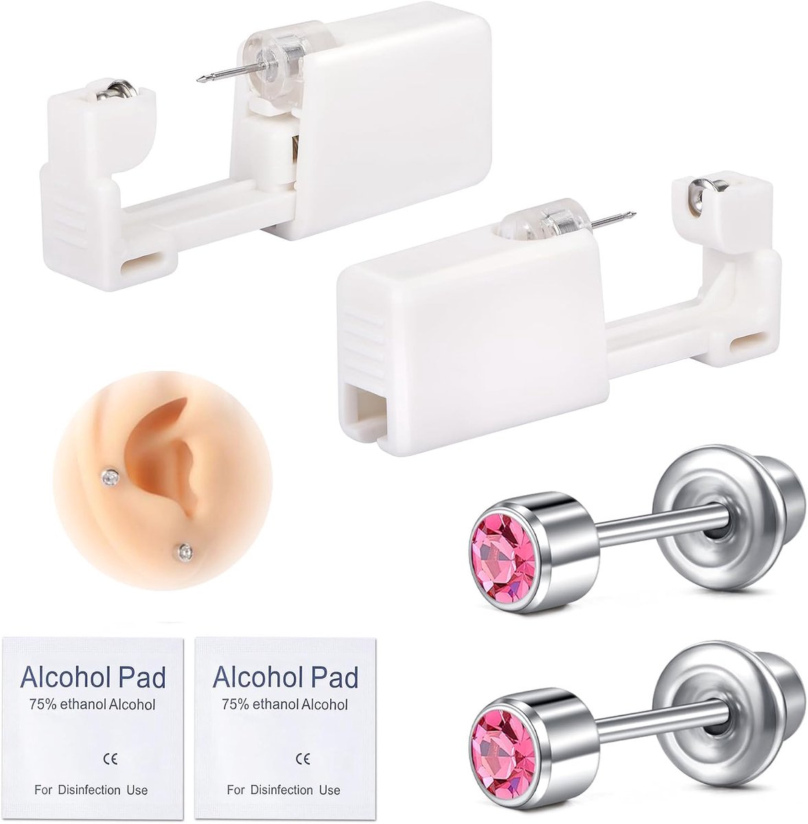 Oorpiercingset, Oorgaatjesset, wegwerp, steriel, 316L chirurgische staal, oorstekers met gekleurde zirkonia, gemengde vormen, zelf steken, oorbellen met 4 mm of 5 mm zirkonia