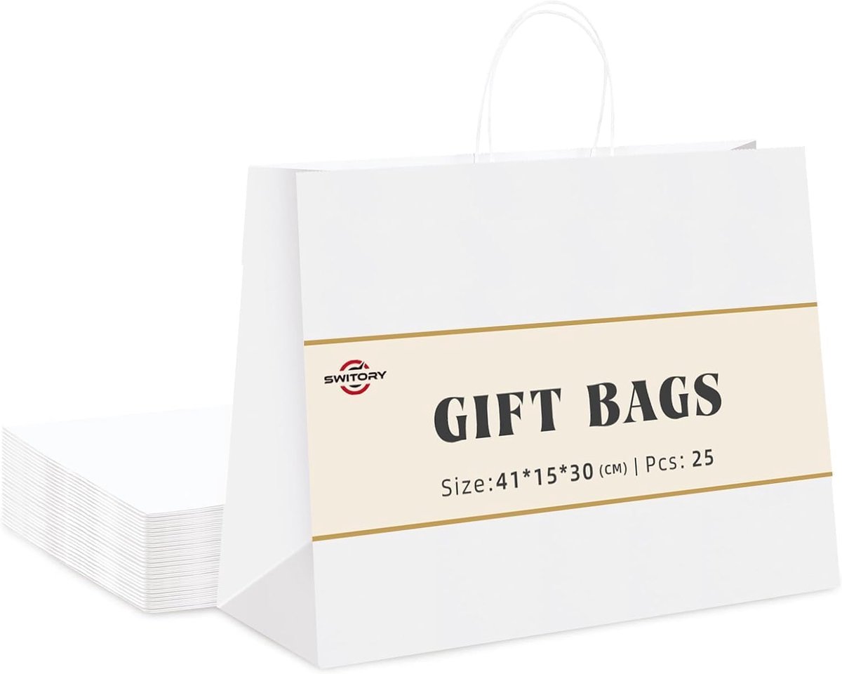 Grote papieren zakken voor geschenken, witte Kraft geschenkzak 40x15x30 cm, 25 stuks feesttassen met handgrepen voor feestgunst, Thanksgiving, verjaardag, christelijk, Kerstmis.