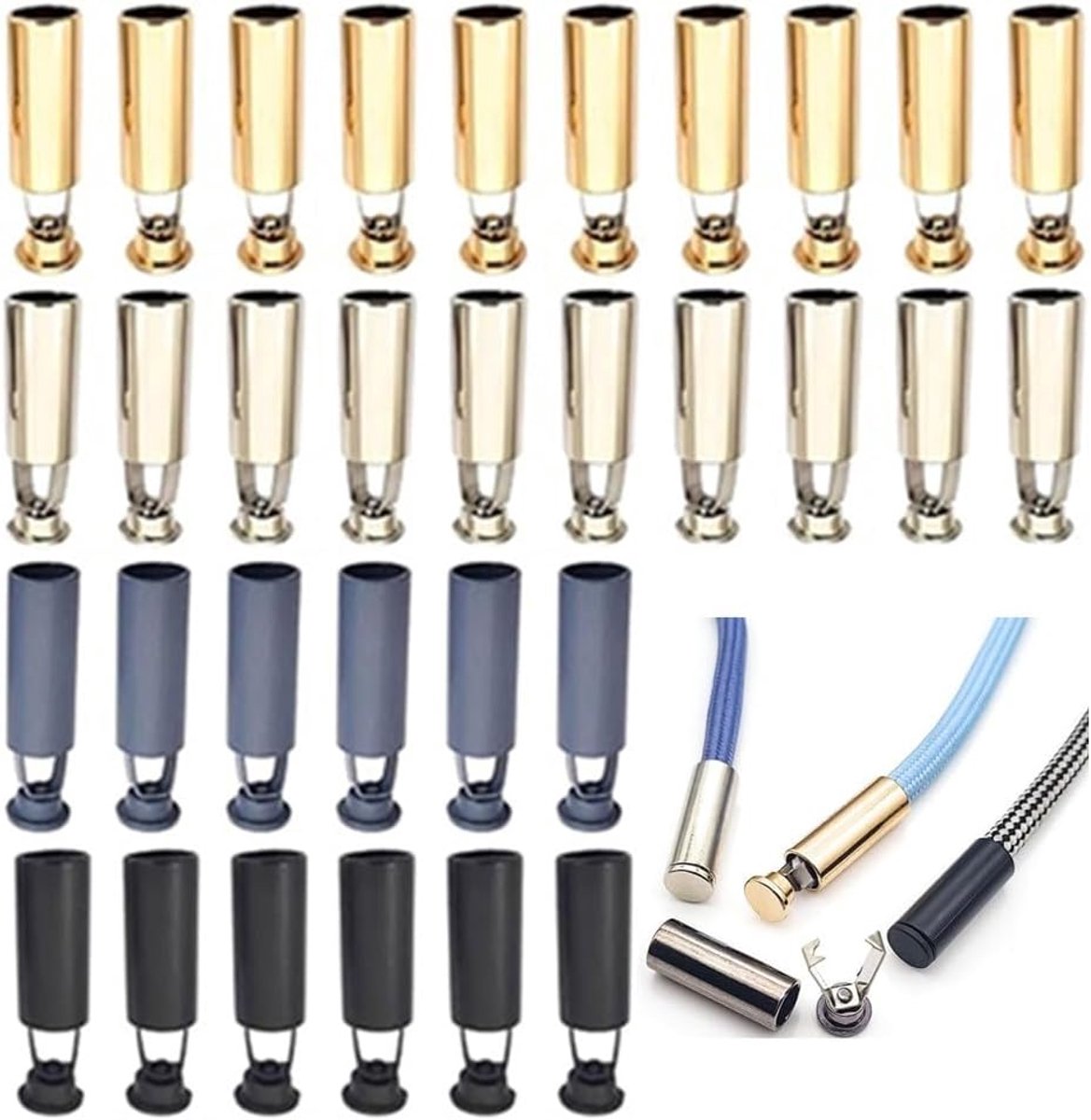 40 stuks eindkappen van verzinkte legering, sloten met gat, koordstopper van metaal, koordstopper, voor verstelbare touwen, veters, kleding, goud, grijs, zilver, zwart, 0