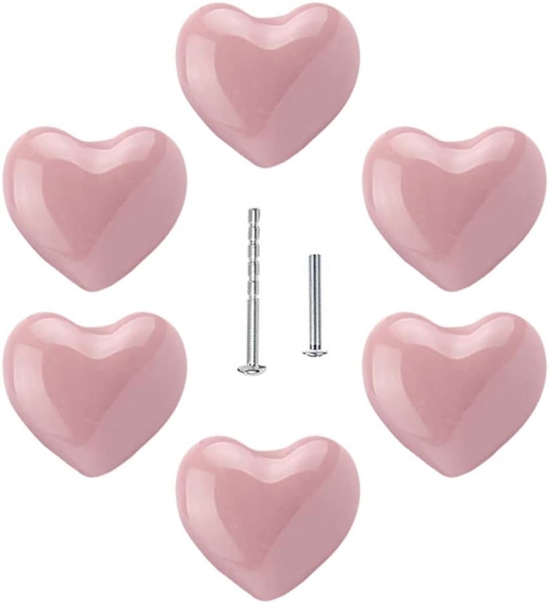 6 stuks hartvormige keramische knoppen voor kinderen, keramische knoppen, meubelknoppen, voor laden, kasten, deuren, slaapkamer, keukenmeubels, met 2 soorten schroeven (roze)
