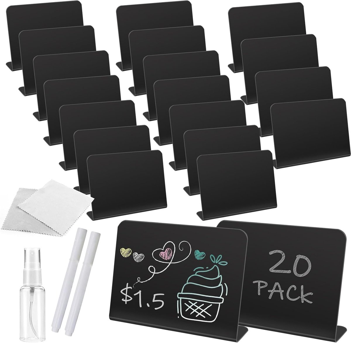 schoolbord borden 20 stuks kleine prijskaartjes voor display zwart plastic schoolbord mini krijtborden met 2 witte afveegbare krijtpennen herbruikbare voedseletiketten voor buffet bakkerij